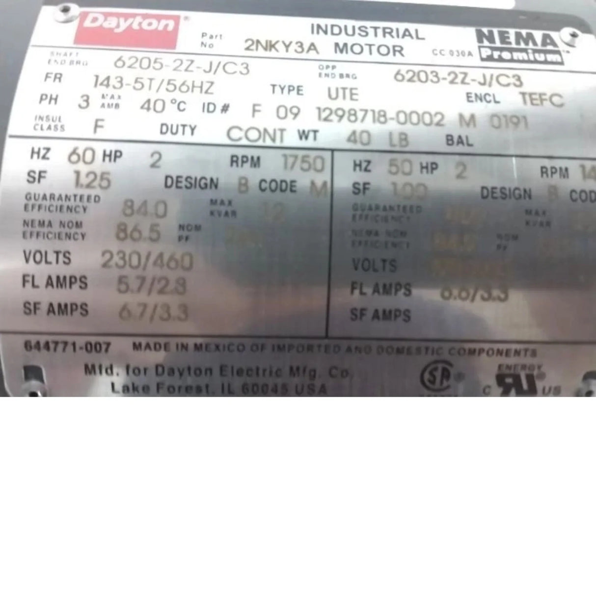 2NKY3A Dayton General Purpose Motor 2 HP 1750 RPM 230/460VAC 3-Phase - Truck To Trailer