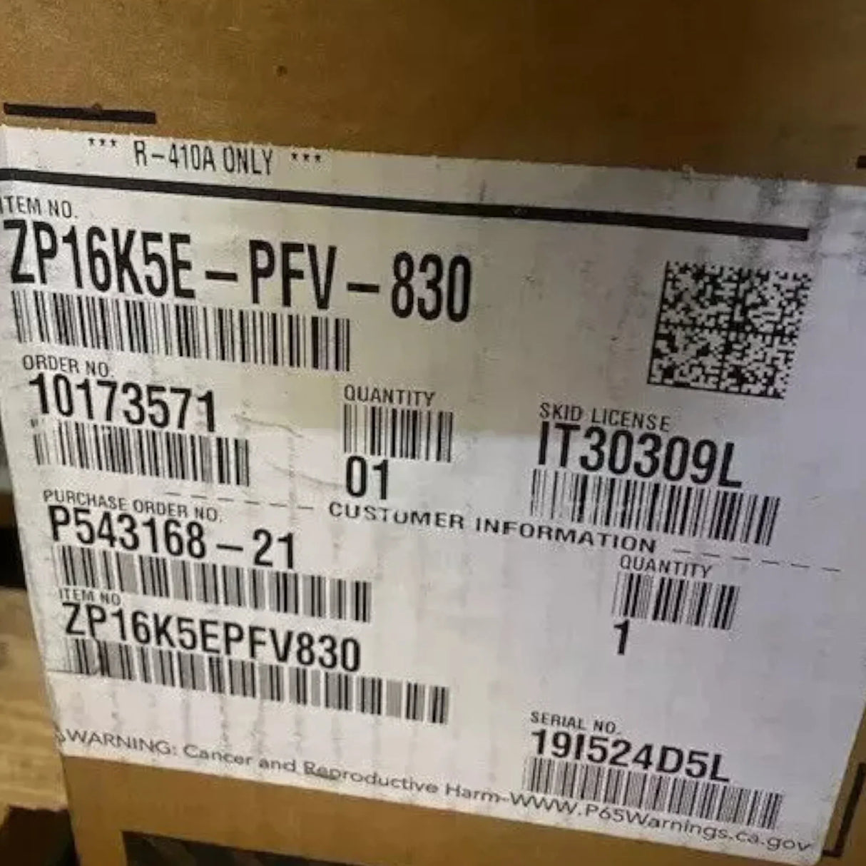 ZP16K5E-PFV-830 Genuine Copeland Scroll Compressor 208/230V - Truck To Trailer