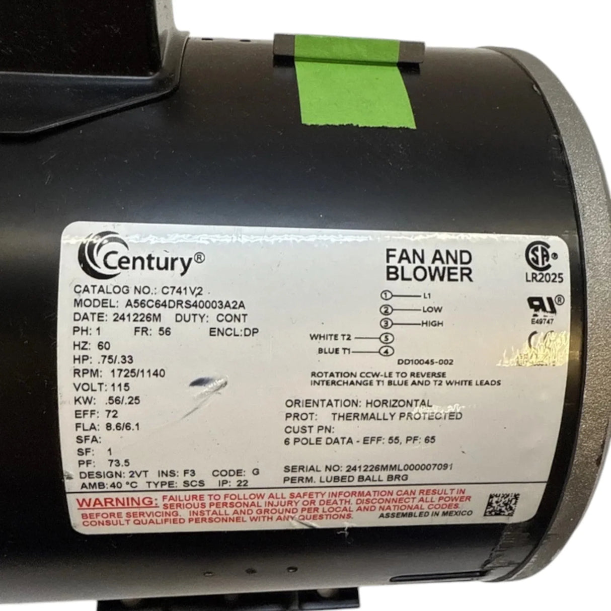 C741V2 Century Belt Drive Blower 3/4 hp 1725 RPM 2-SPD 56 Fr 115V - Truck To Trailer