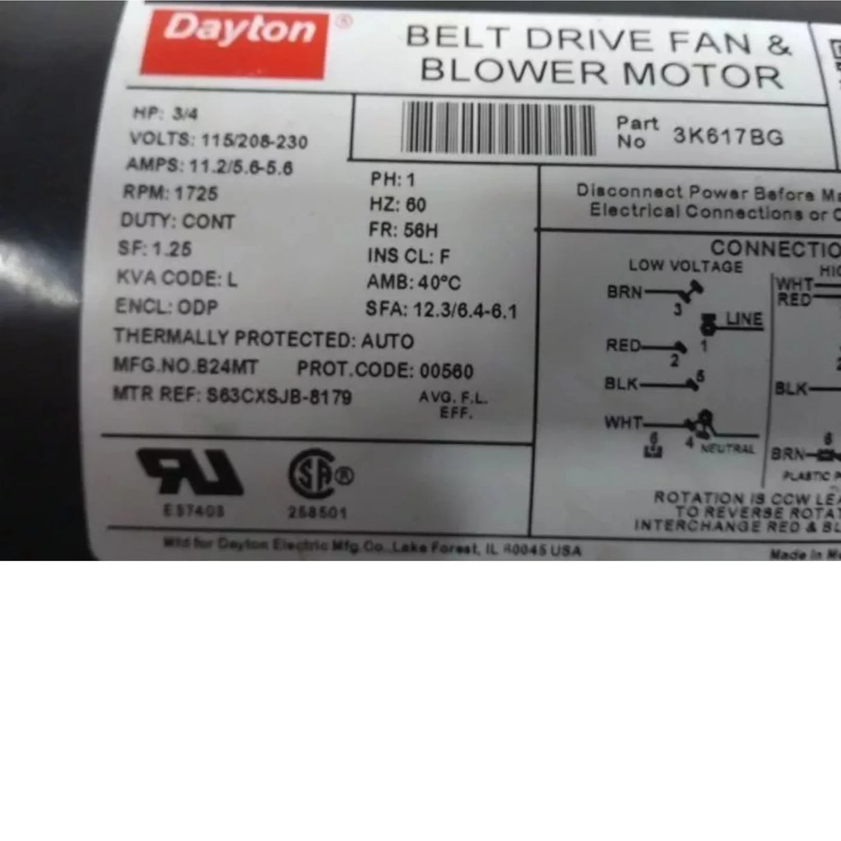 3K617BG Dayton Split-Phase Belt Drive Motor 3/4 HP 1725 RPM 115/208-230VAC - Truck To Trailer
