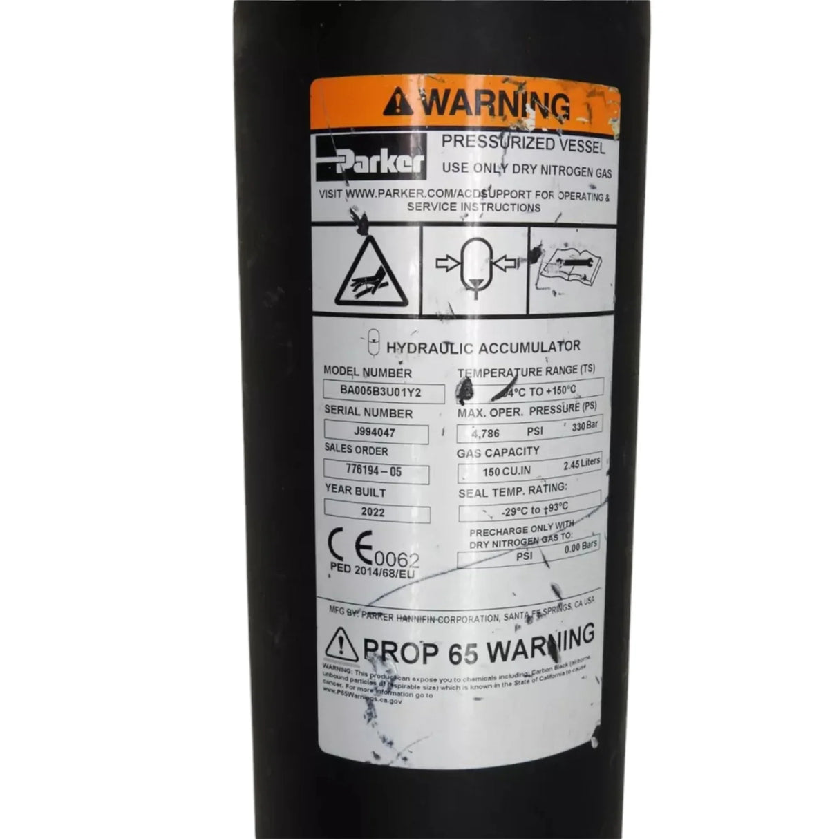 BA005B3U01Y2 Parker Bladder Accumulator BA Series 4786 PSI 150 CU.IN 2.45L - Truck To Trailer