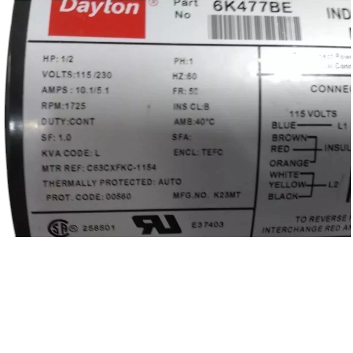 6K477BE Dayton Cap-Start General Purpose Motor 1/2 HP 1725 RPM 115/230VAC - Truck To Trailer
