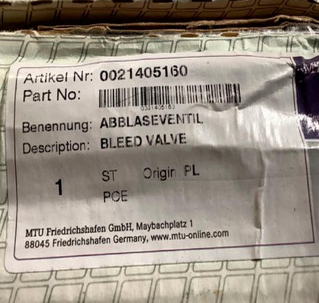 0021405160 Genuine MTU Bleed Valve - Truck To Trailer