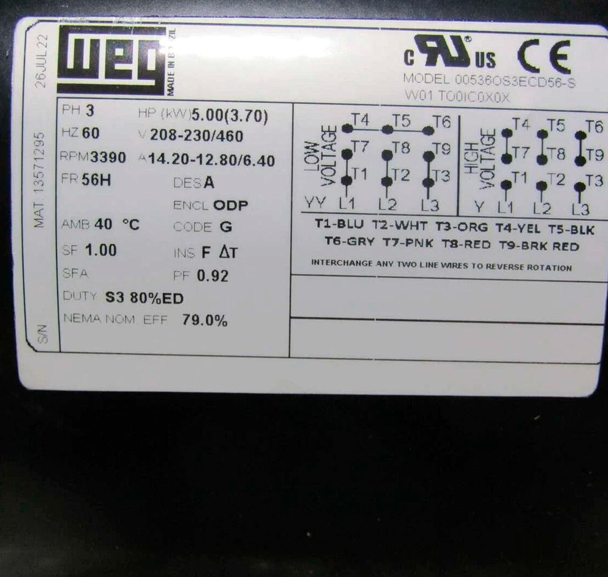 00536OS3ECD56-S Weg 3600RPM 3PH 208/230-460V 56H FR. General Purpose Motor - Truck To Trailer