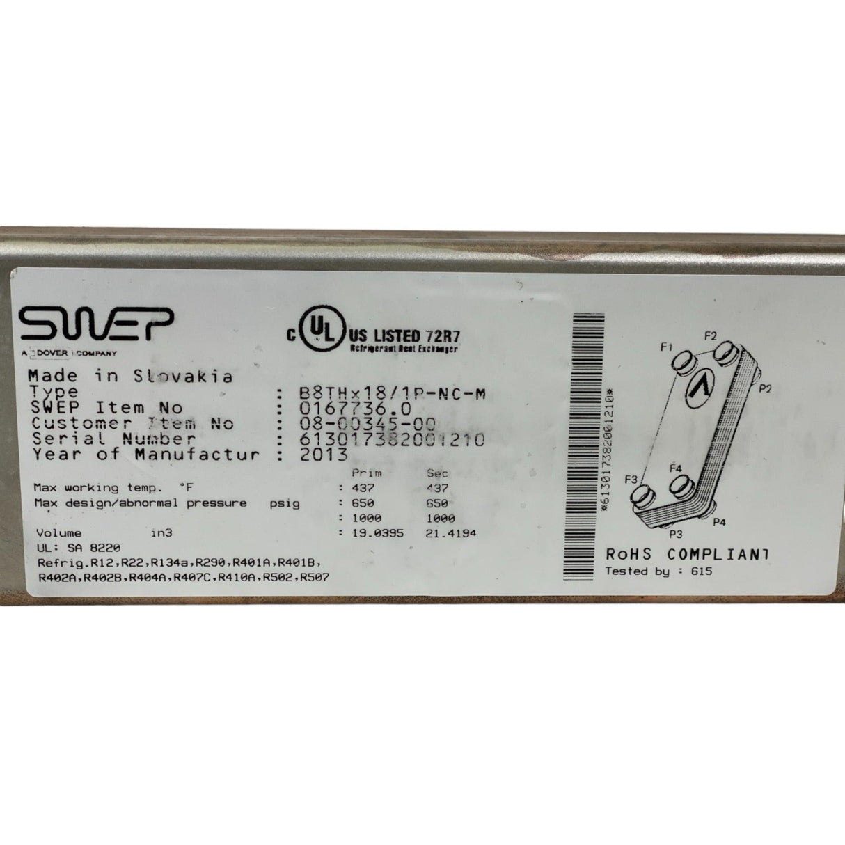 08-00345-00 Swep Plate Heat Exchanger - Truck To Trailer