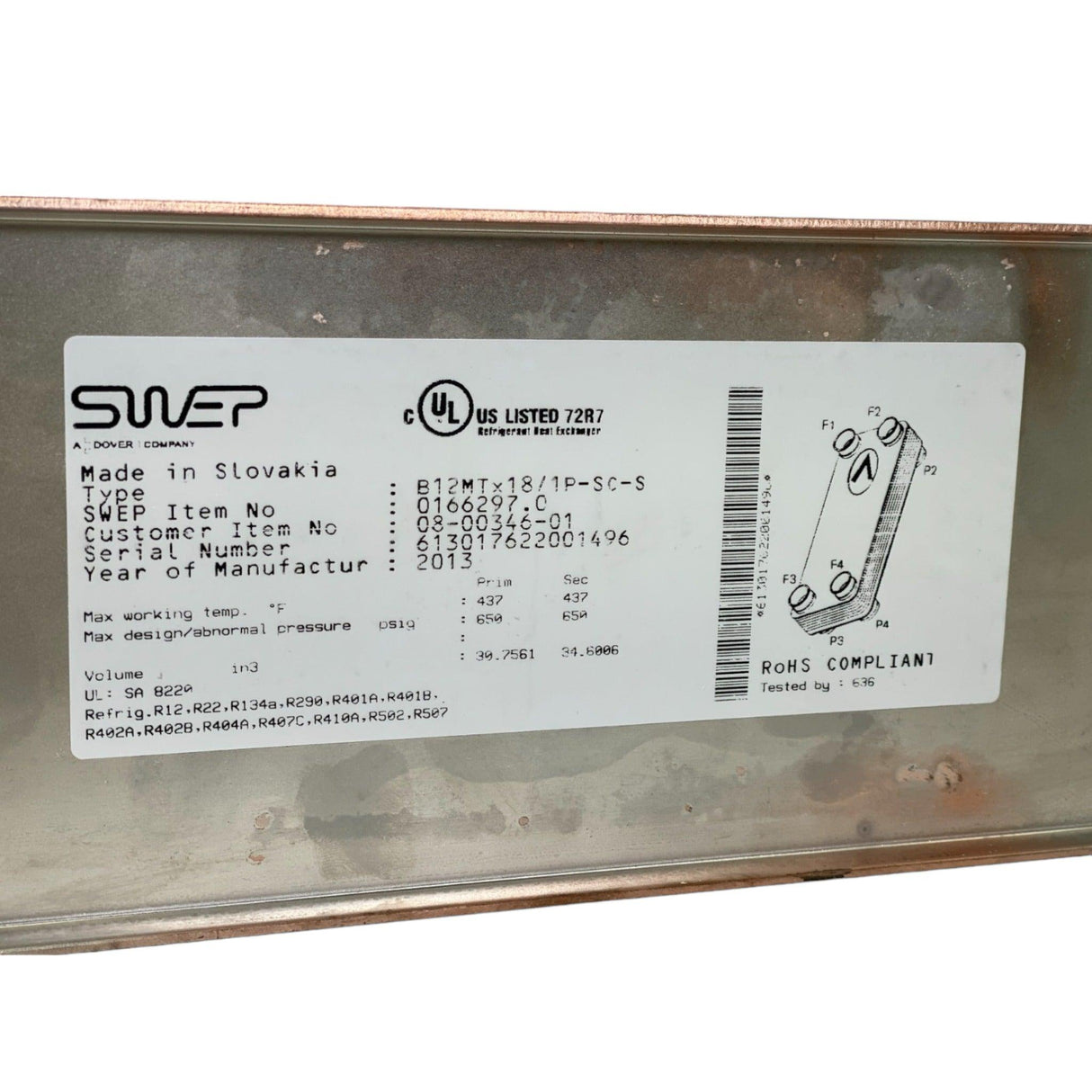 08-00346-01 Swep Plate Heat Exchanger - Truck To Trailer