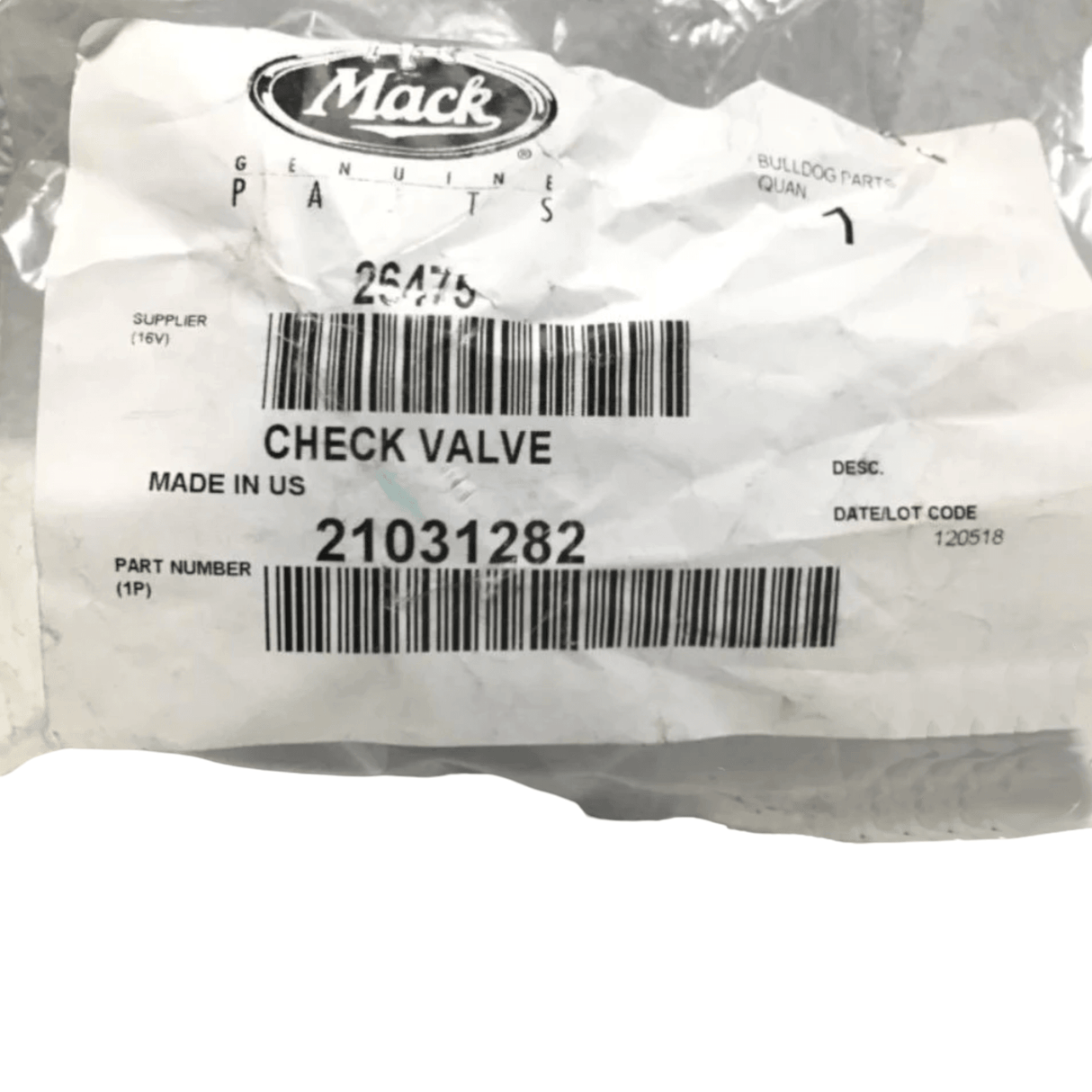 21031282 Genuine Mack Check Valve - Truck To Trailer