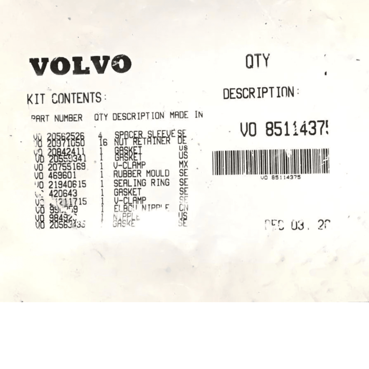 85114375 Genuine Volvo Installation Kit - Truck To Trailer