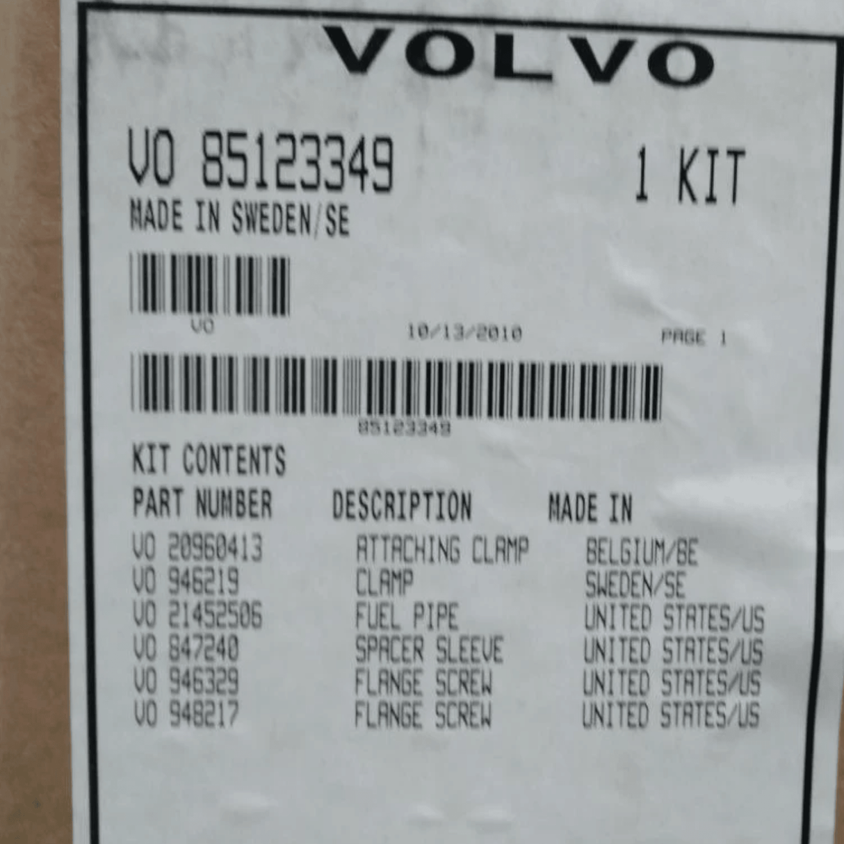 85123349 Genuine Volvo Fuel Hose Kit - Truck To Trailer