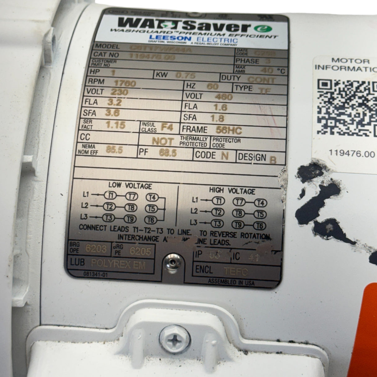 119476.00 Genuine Leeson Washdown Motor 230/460V