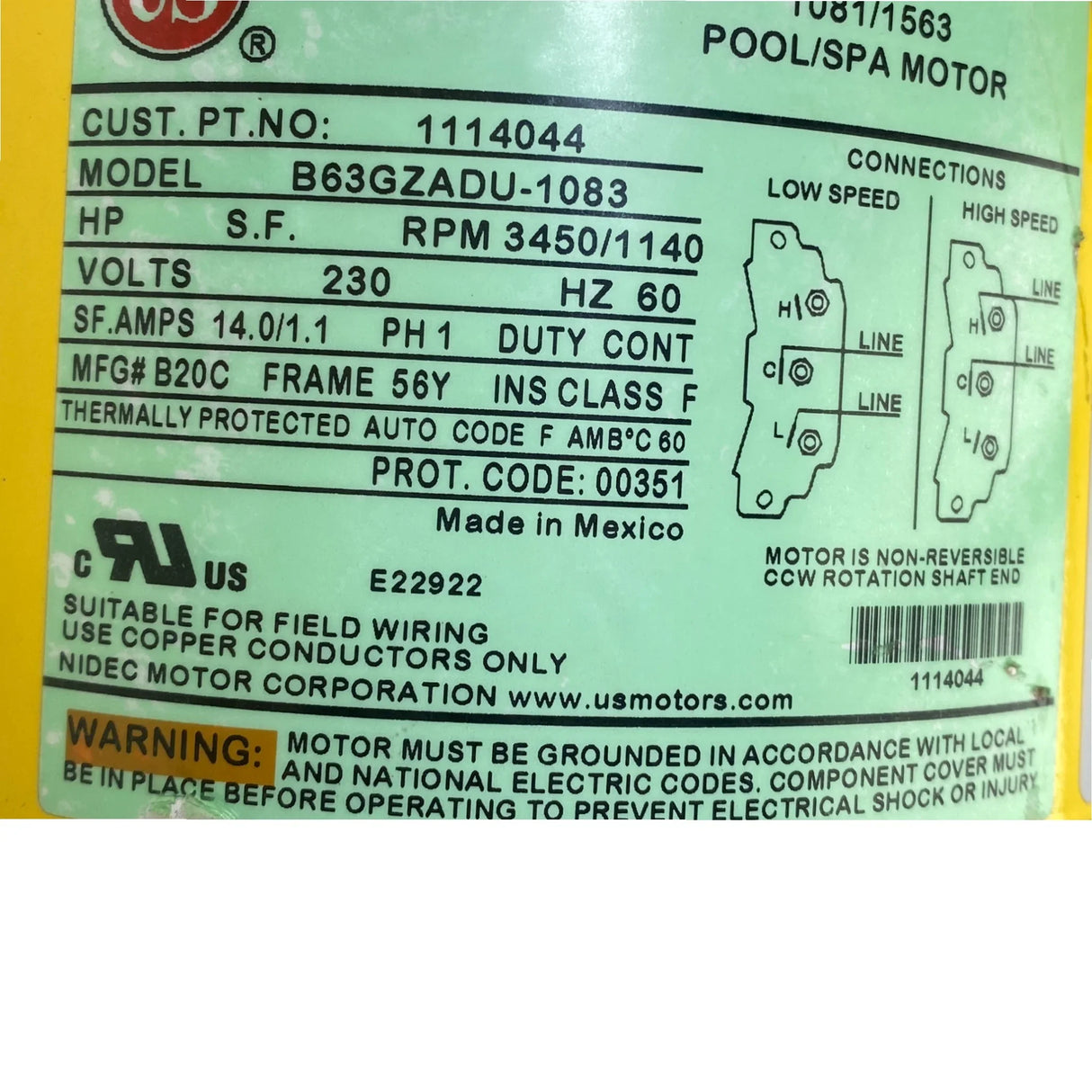 1114044 Us Motors Spa Motor B63Gzadu-1083 Model - Truck To Trailer