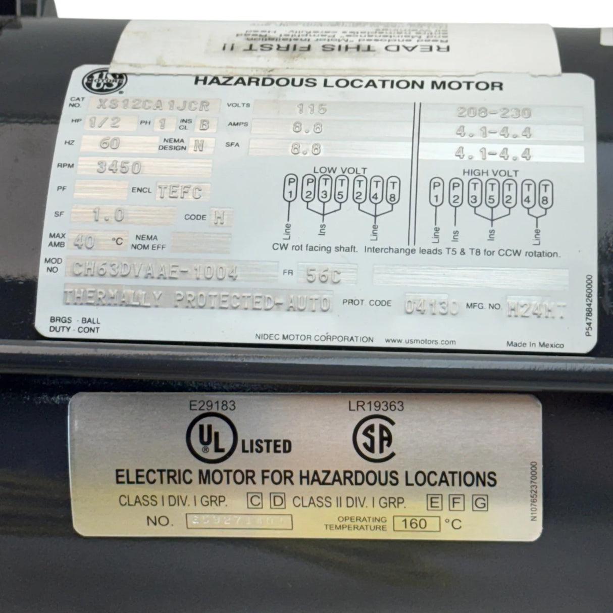 XS12CA1JCR US Motors Frame Motor 115/208-230V