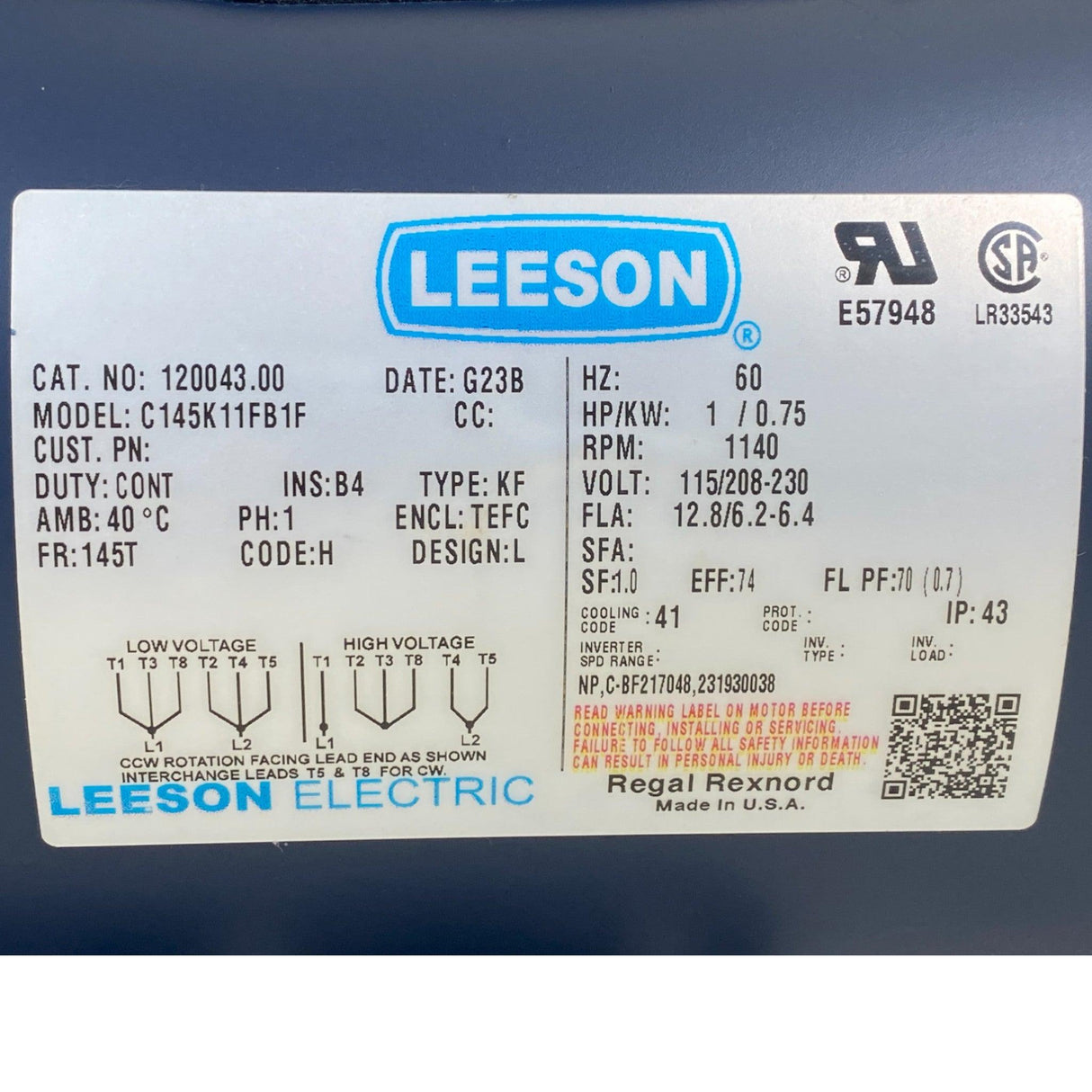 C145K11FB1F Leeson General Purpose Motor - 1 hp, 1200 rpm, 115/208-230V - Truck To Trailer