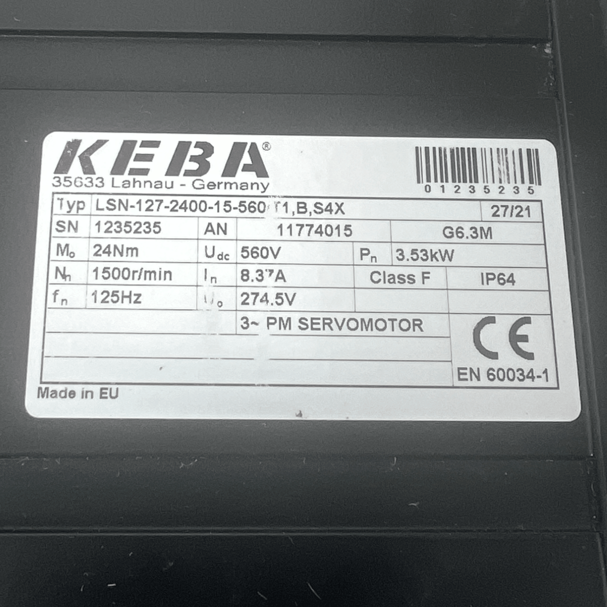 LSN-127-2400-15-560/T1.B.S4X Keba/LTI Drives Servomotor 560V 8.37A 1500R/MIN - Truck To Trailer