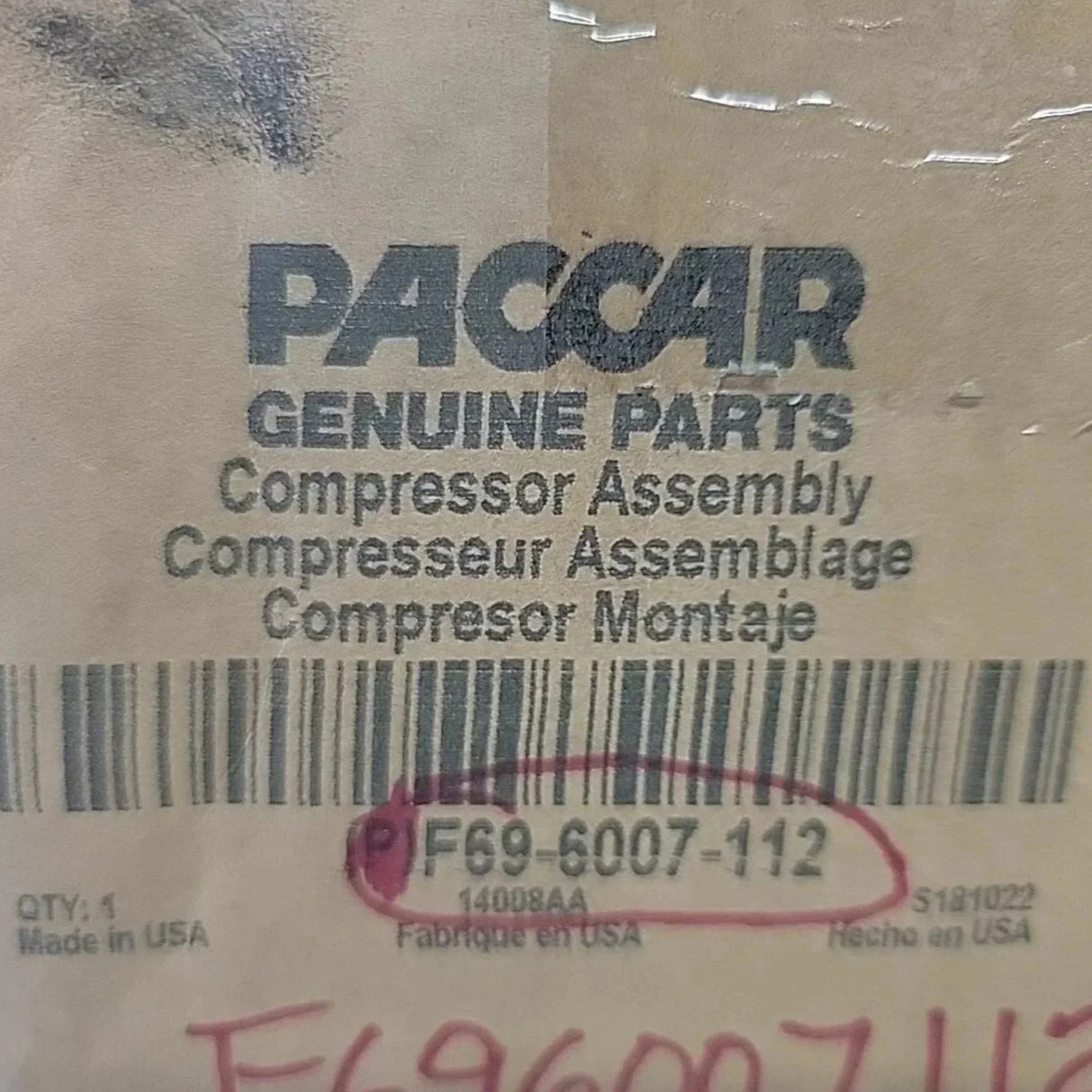 F69-6007-112PB Genuine Paccar A/C Compressor - Truck To Trailer