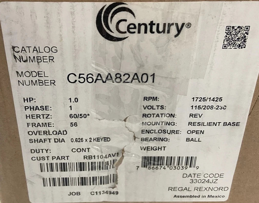 RB1104AV1 Genuine Century Capacitor Start Resilient Base Motor 115/208-230V