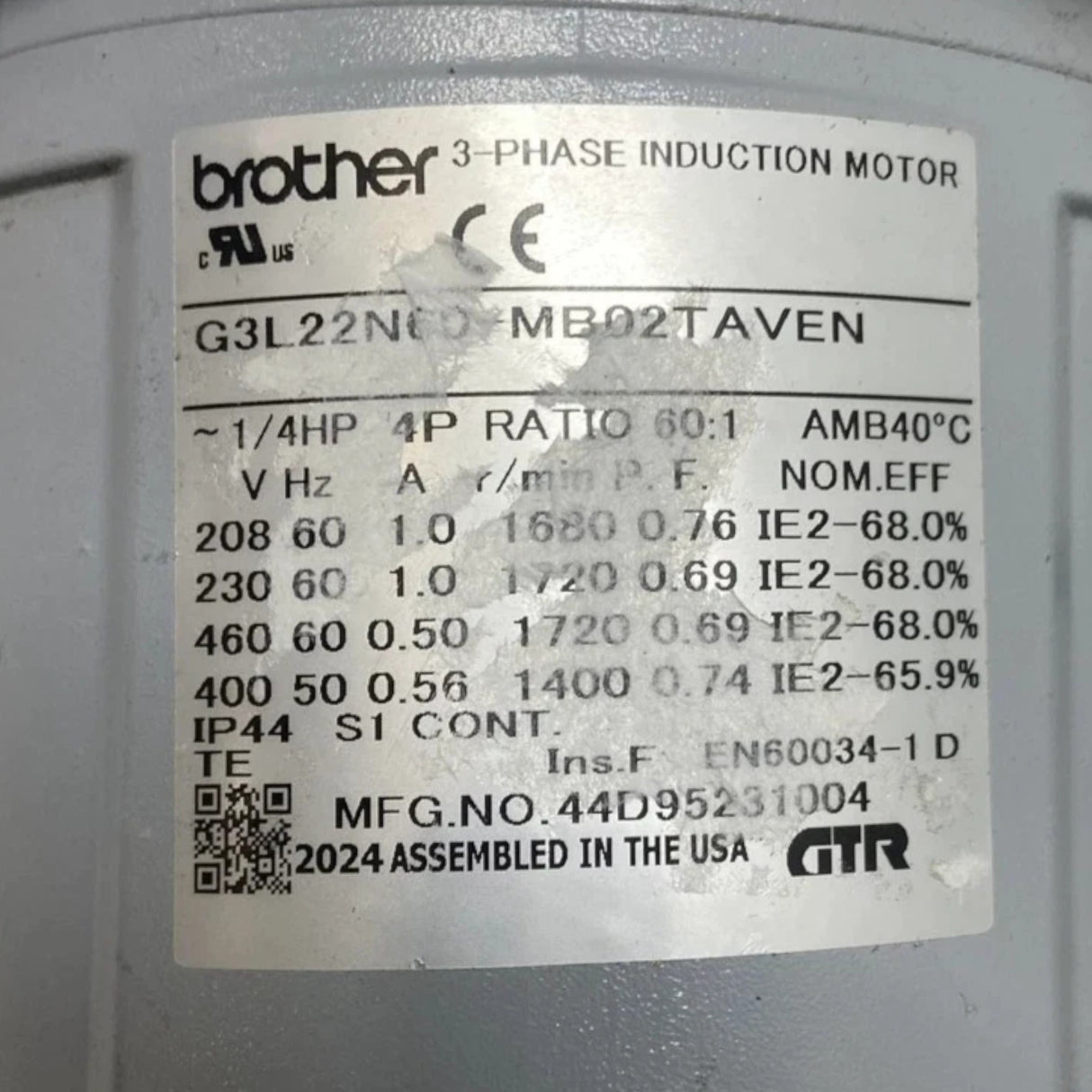 G3L22N60-MB02TAVEN Brother Gear Motor 230-460V