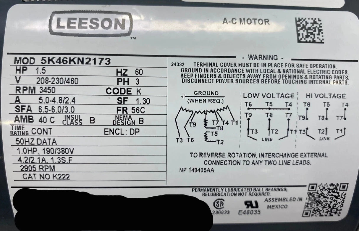 5K46KN2173 Genuine Leeson Fan And Blower Motor 208-230/460V