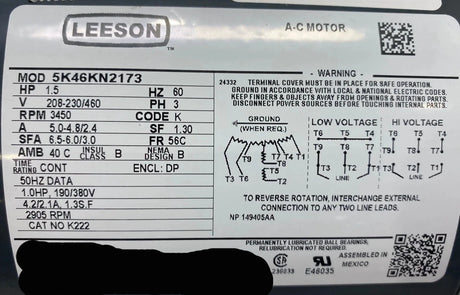 5K46KN2173 Genuine Leeson Fan And Blower Motor 208-230/460V