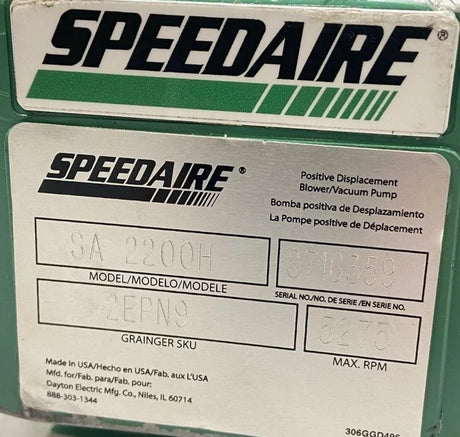 2EPN9 Speedaire Positive Displacement Blower Vacuum Pump 5275 RPM