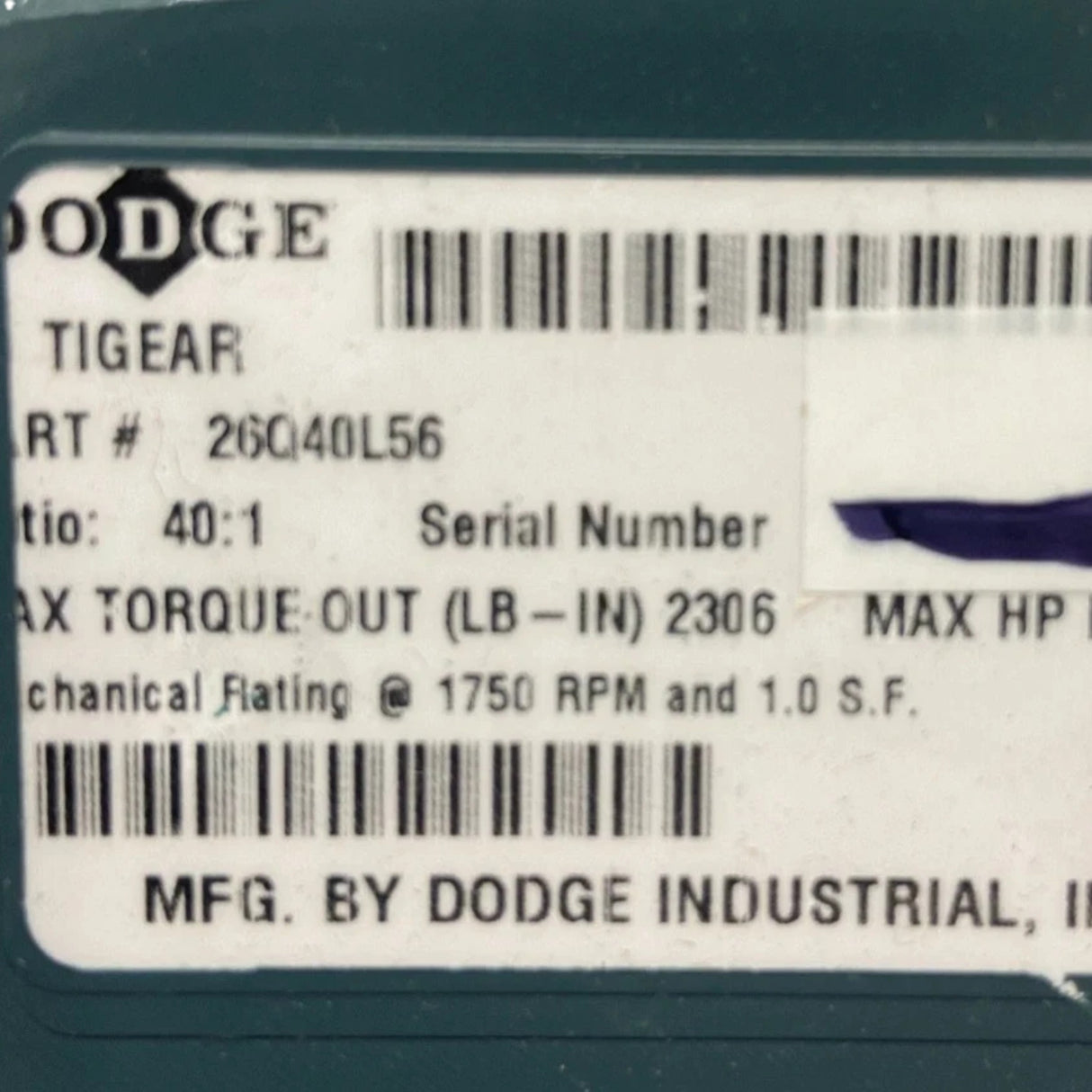 26Q40L56 Genuine Dodge Right Angle Worm Gear Reducer Ratio 40:1