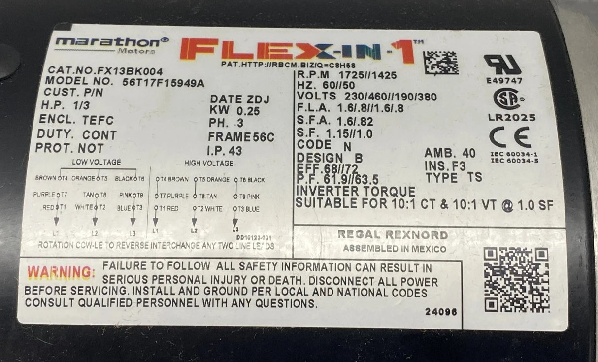 56T17F15949A Genuine Marathon General Purpose Motor With Hydraulic Pump 230V