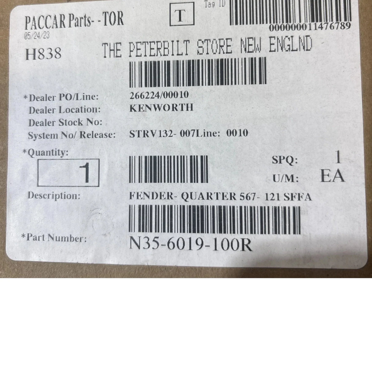 N35-6019-100R Genuine Paccar Quarter Fender - Truck To Trailer