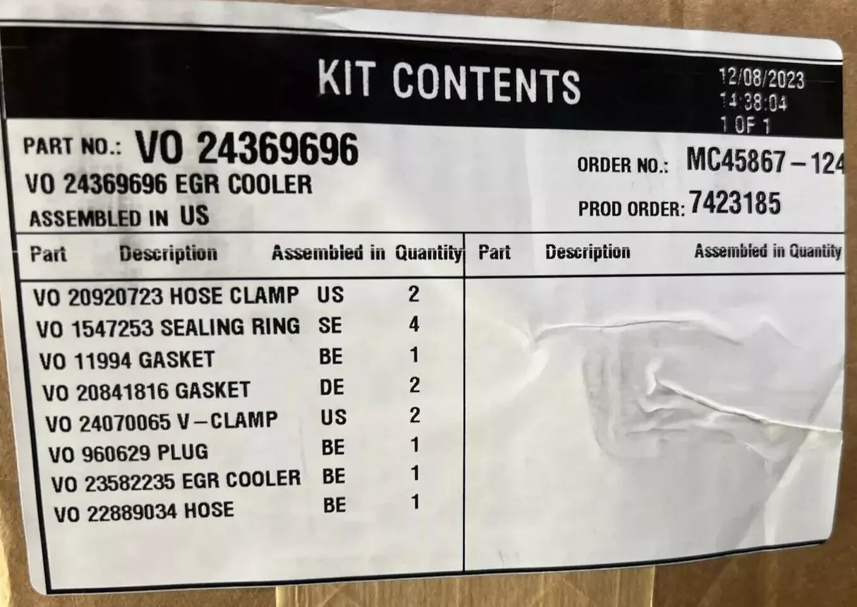 24369696 Genuine Volvo EGR Cooler Kit - Truck To Trailer