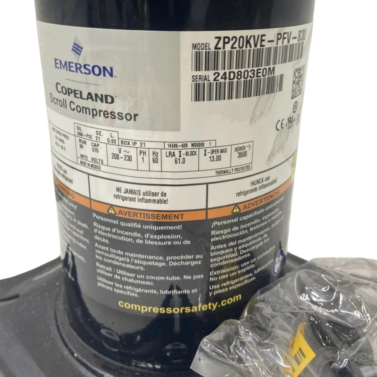 ZP20KVE-PFV-830 Genuine Copeland Scroll Compressor 208-230V