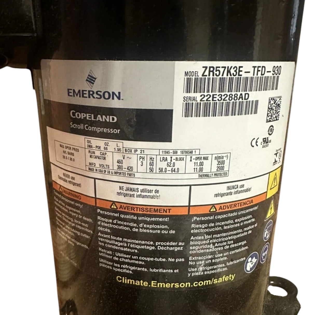 ZR57K3E-TFD-930 Genuine Copeland Scroll Compressor 460V