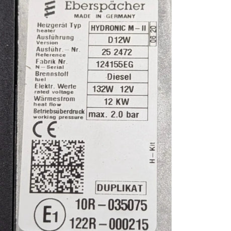 10R-035075 Genuine Espar Hydronic M Diesel Water Heater 12V - Truck To Trailer