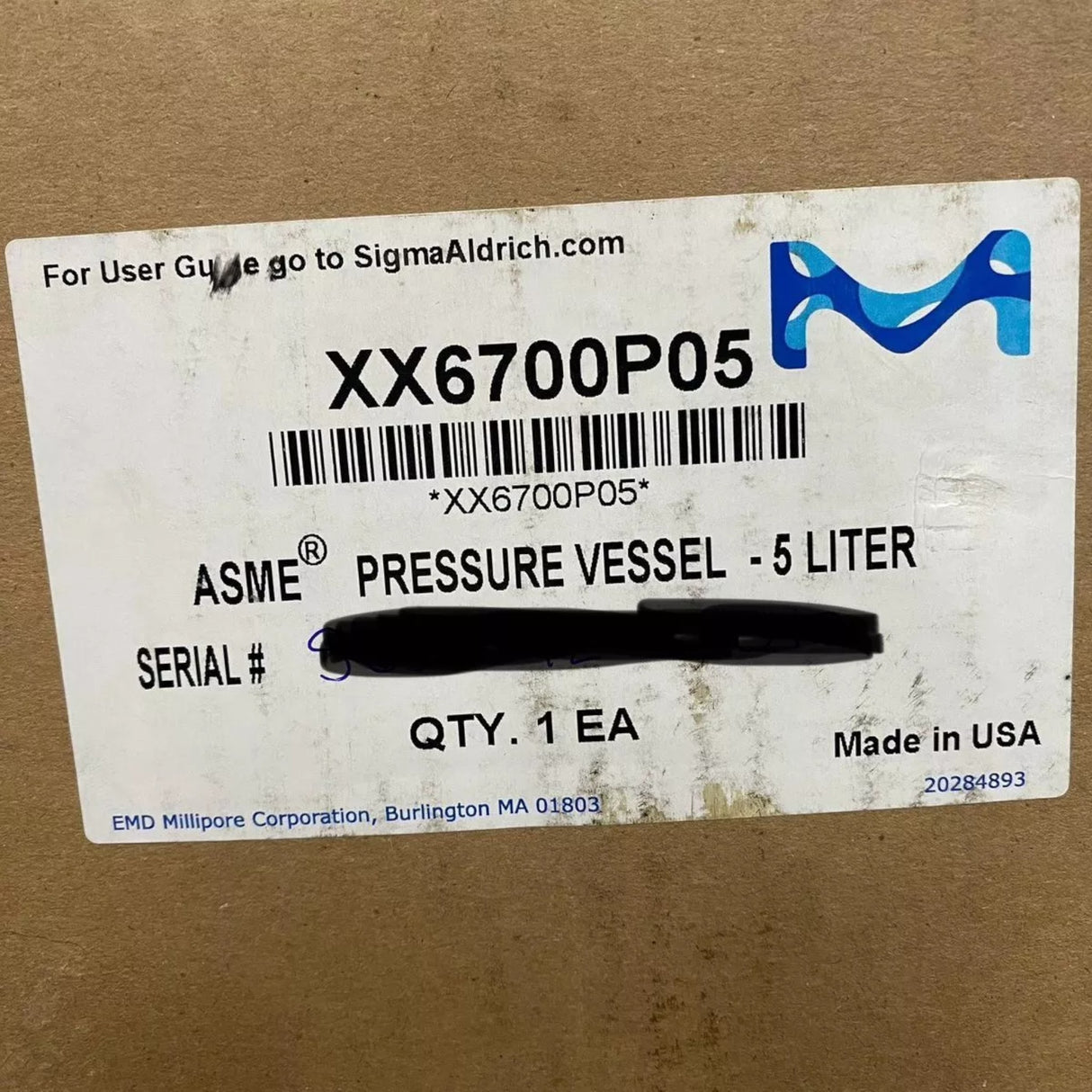 XX6700P05 Genuine Millipore Dispensing Pressure Vessel 5 L