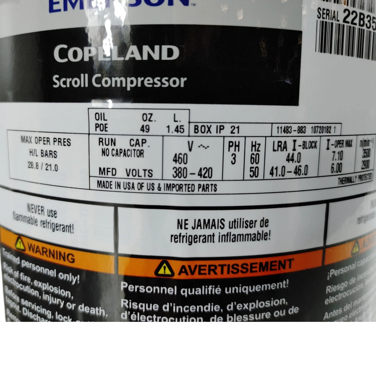 ZF11K4E-TFD-231 Genuine Copeland Scroll Compressor