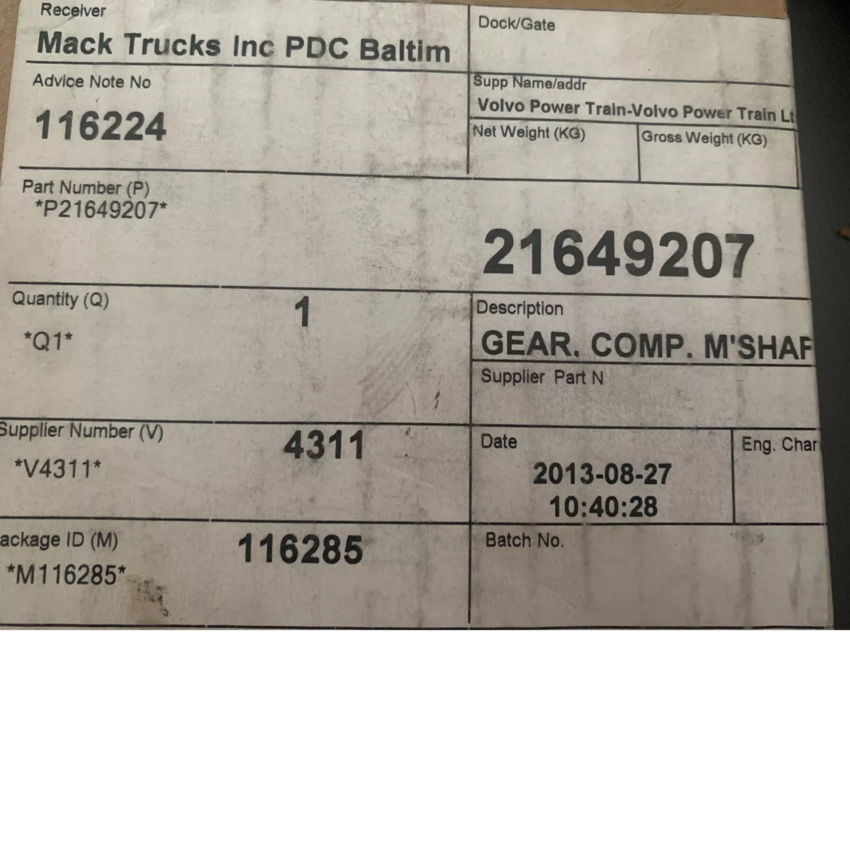 21649207 Genuine Mack Main Drive Gear