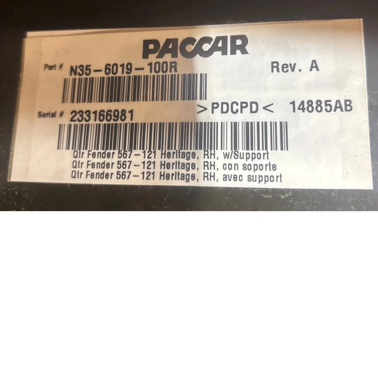 N35-6019-100R Genuine Paccar Quarter Fender - Truck To Trailer