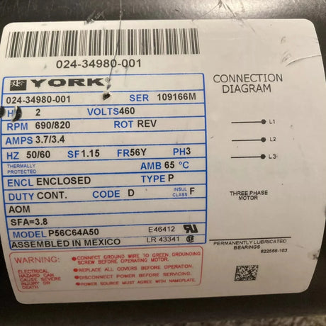 024-34980-001 Genuine York Electric Fan Motor - Truck To Trailer