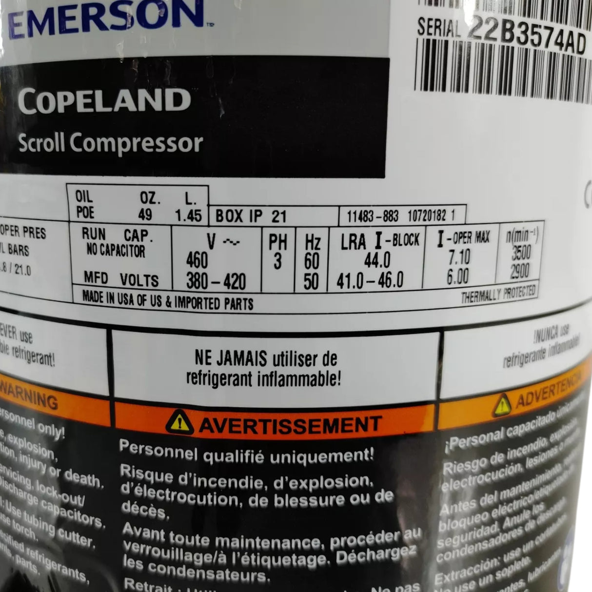 ZF11K4E-TFD-231 Genuine Copeland Scroll Compressor