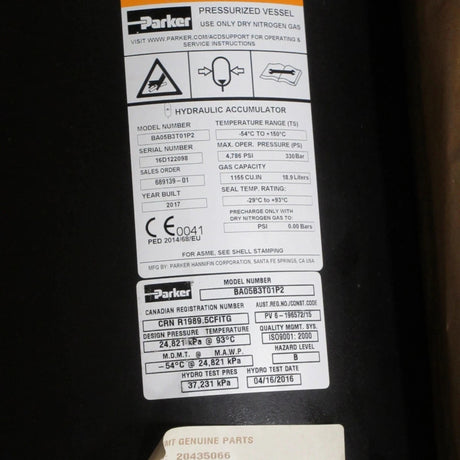 BA05B3T01P2 Genuine Parker Bladder Accumulator
