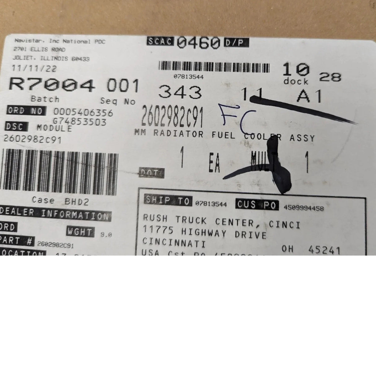 2602982C91 Genuine International Fuel Cooler Assembly - Truck To Trailer