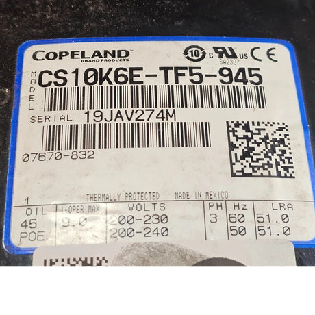 CS10K6E-TF5-945 Genuine Copeland Hermetic Compressor