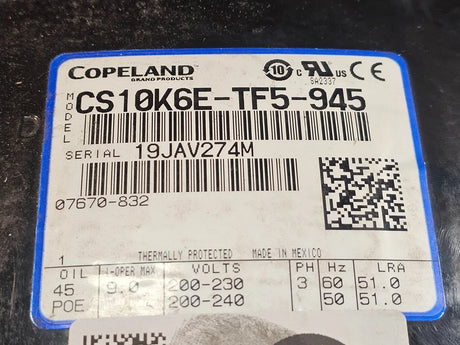 CS10K6E-TF5-945 Genuine Copeland Hermetic Compressor