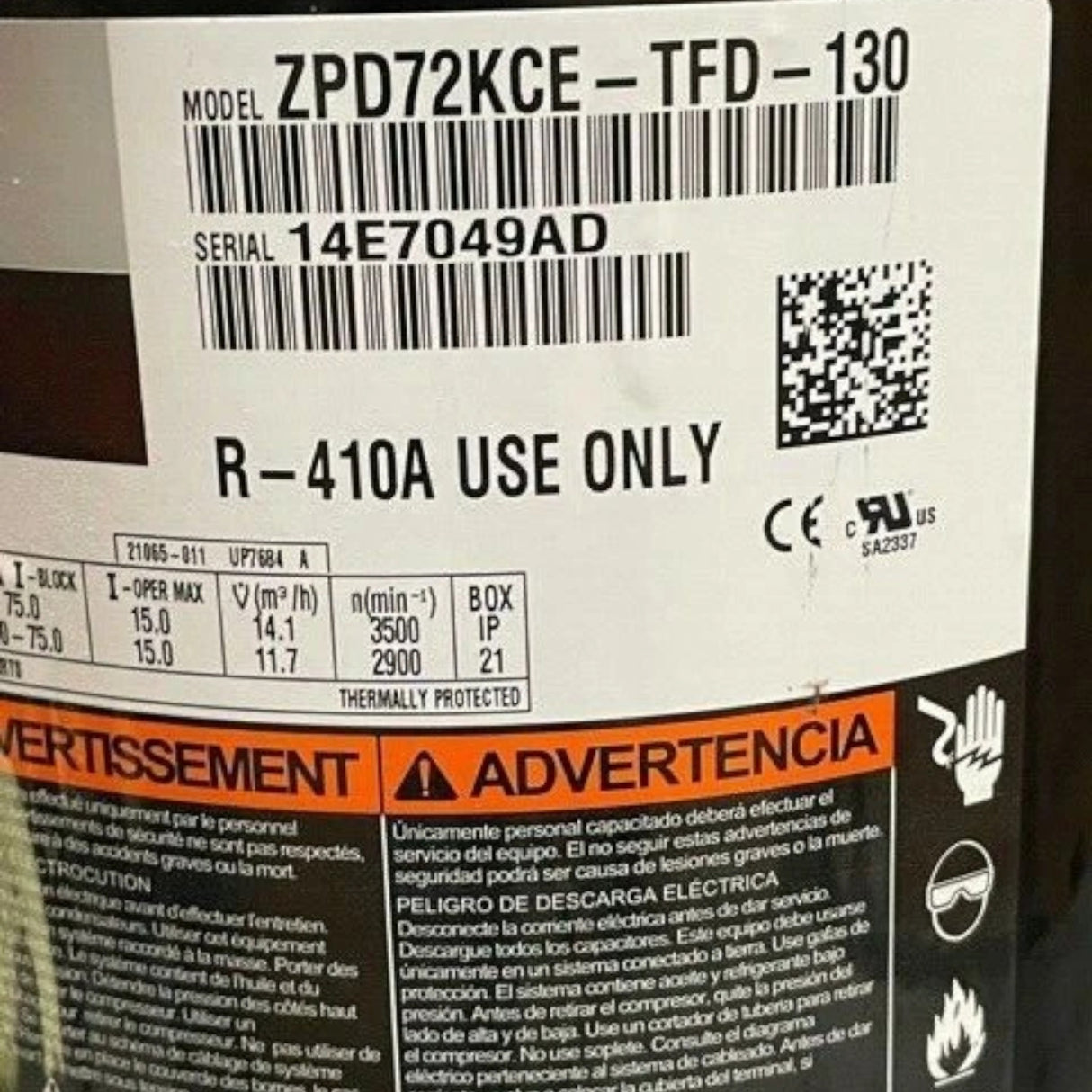 ZPD72KCE-TFD-130 Genuine Copeland Scroll Compressor