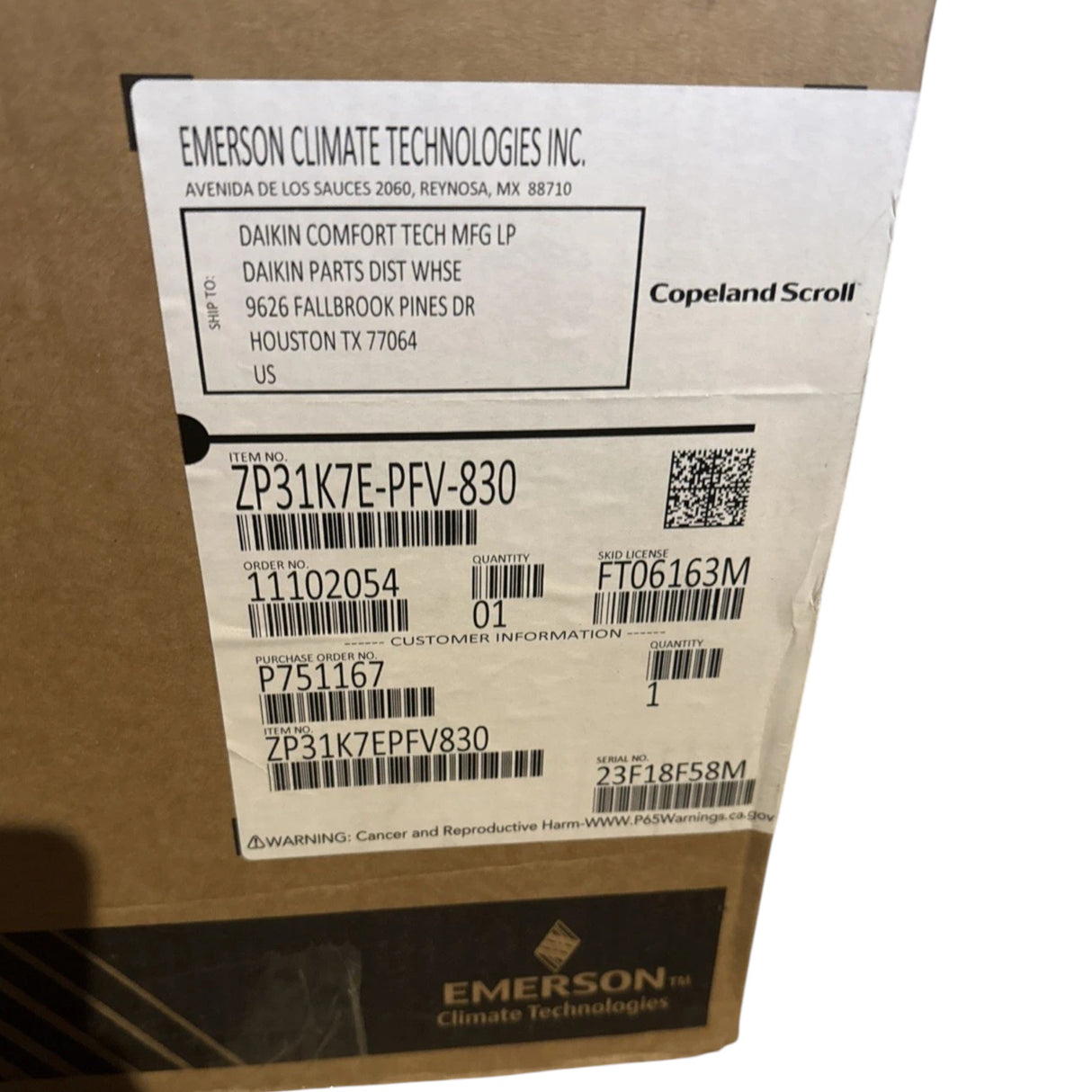 ZP31K7EPFV830 Genuine Copeland Scroll Compressor