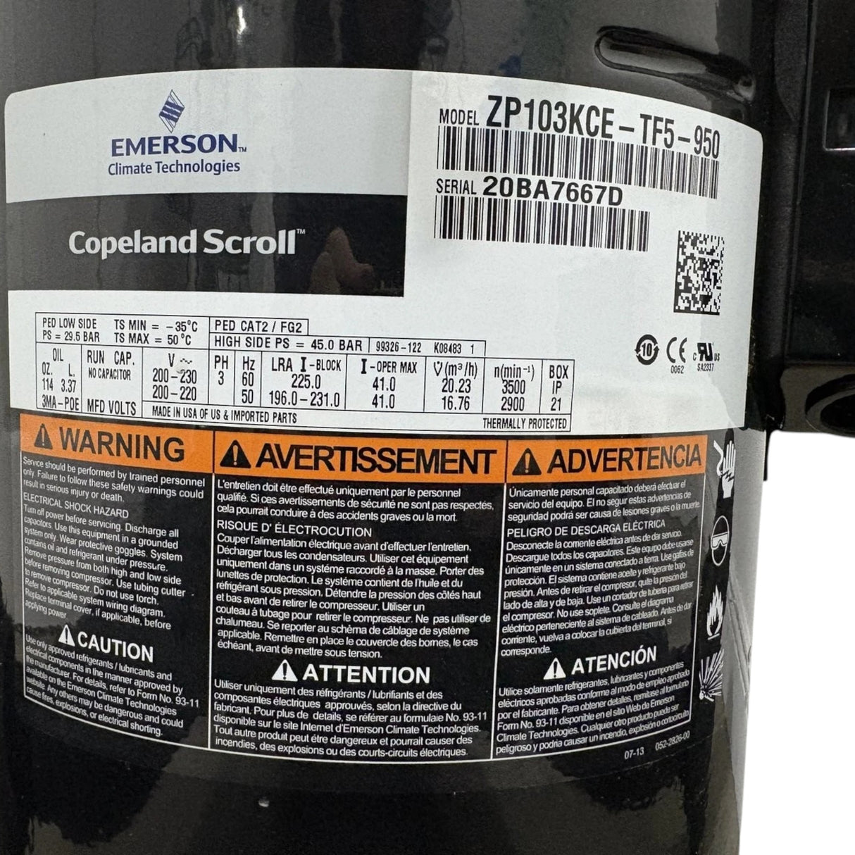 ZP103KCE-TF5-950 Genuine Copeland Scroll Compressor