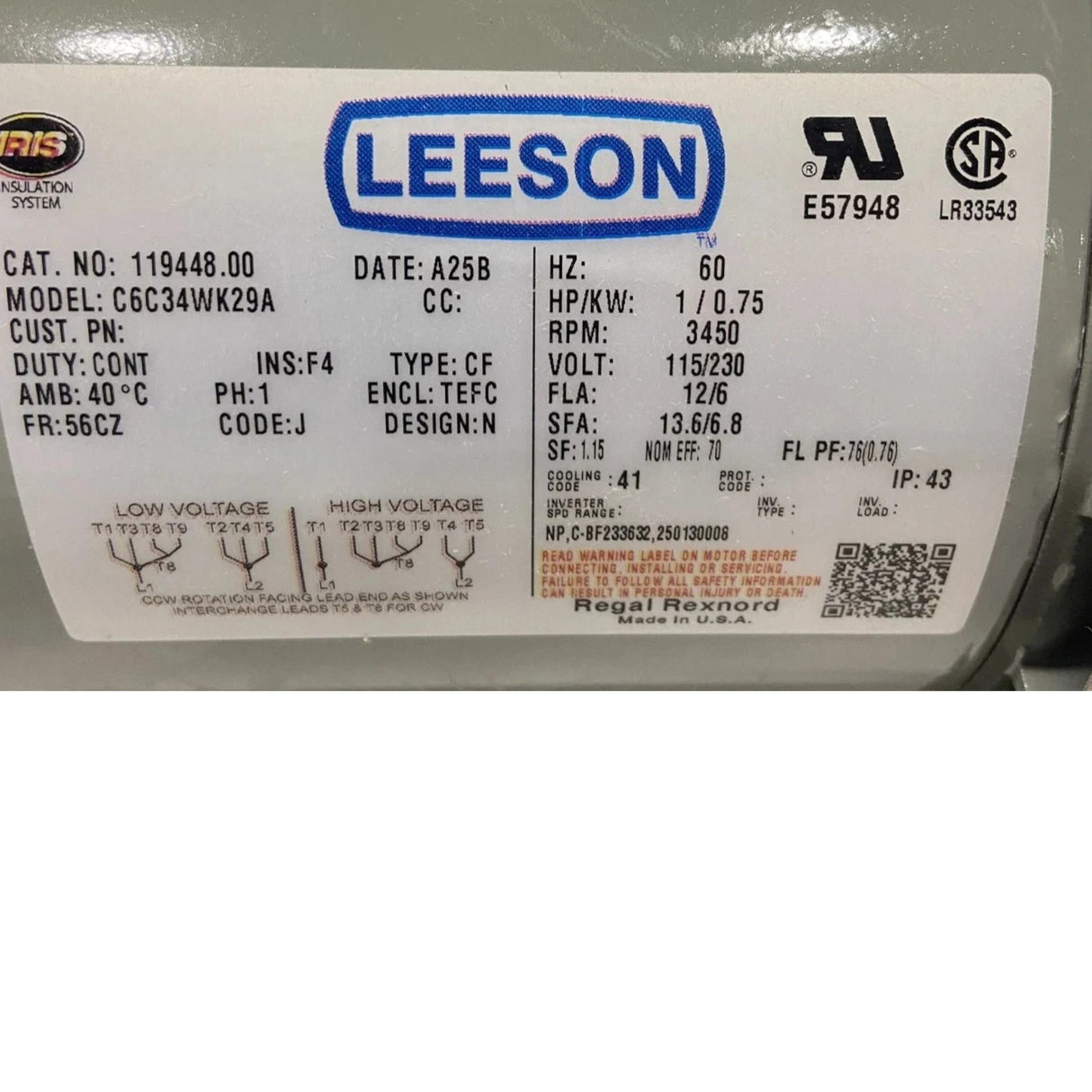 119448.00 Genuine Leeson Farm Duty Electric Motor 110/220V