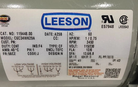 119448.00 Genuine Leeson Farm Duty Electric Motor 110/220V