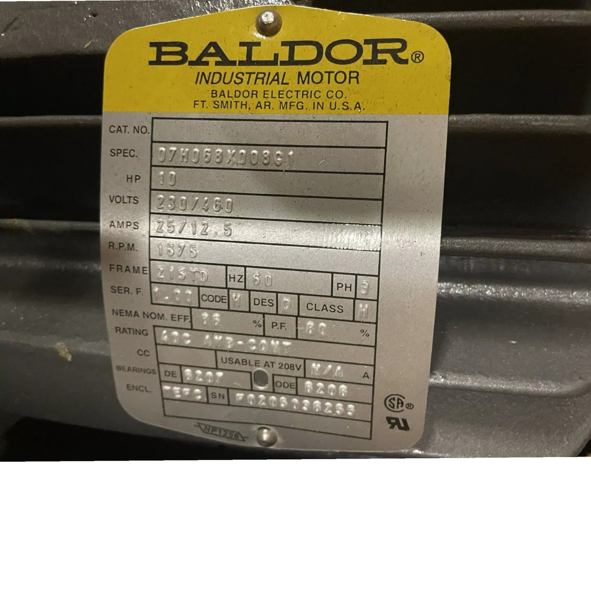 07H068X008G1 Baldor Motor 10 HP 1675RPM