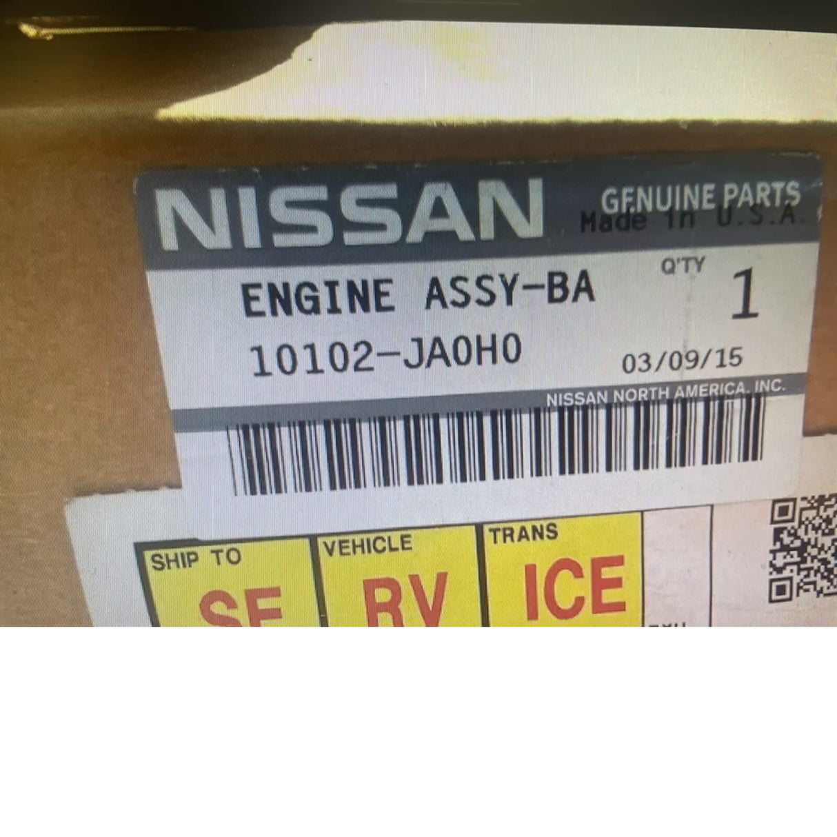 10102-JA0H0 Nissan Engine Assy-Bare