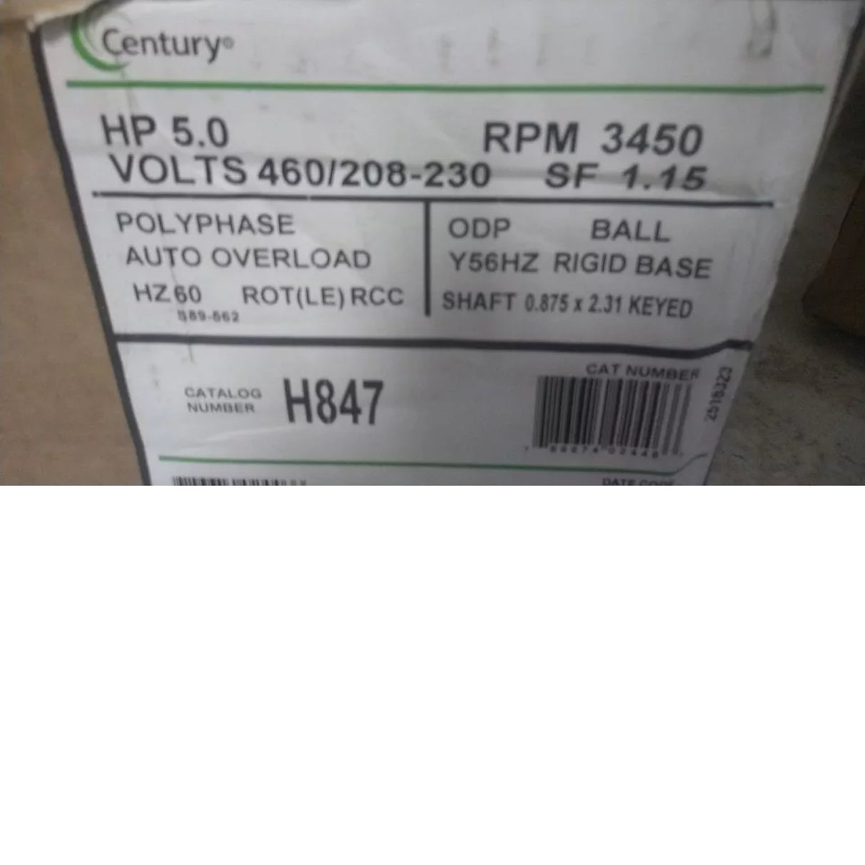 H847 Century ODP Rigid Base Motor 5 HP 3450 RPM 208-230/460VAC 3-Phase