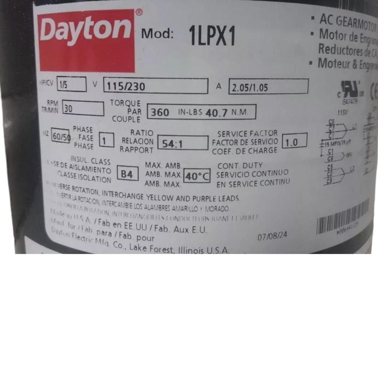 1LPX1 Dayton Max Torque AC Gearmotor 0.2 Input HP 30 RPM 115/230VAC